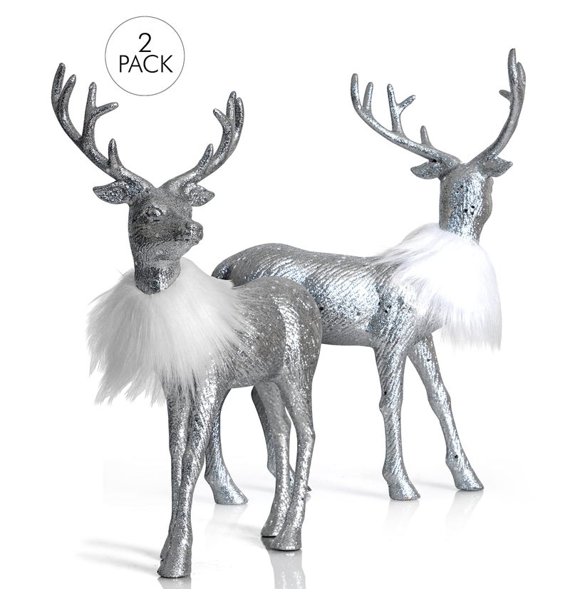 Ornativity Silver Glitter Christmas Reindeer - Xmas Holiday Party Deer Figurine Statues Dinner Tabletop Decorations Centerpiece Mantle - 12"" Pack of 2 - Image 2